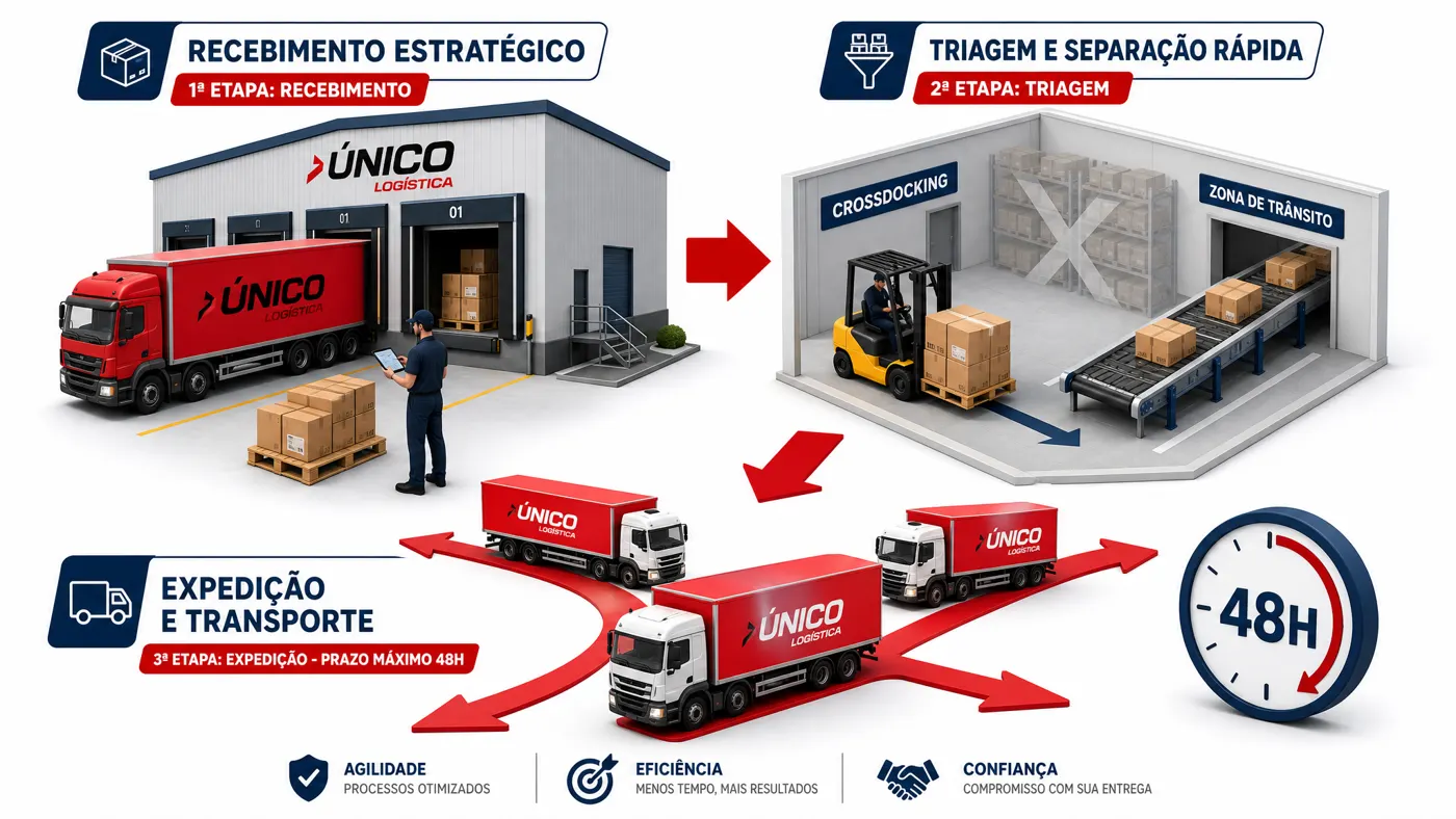 Fluxo de crossdocking da Único Group: recebimento, triagem e expedição em até 48 horas