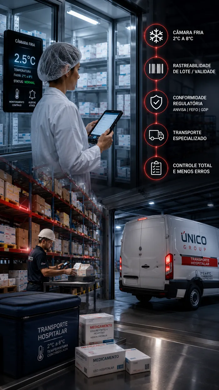 Armazenagem farmacêutica com câmara fria e transporte hospitalar da Único Group