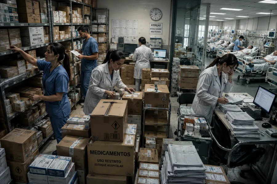 Farmácia hospitalar com caixas de medicamentos ocupando espaço assistencial