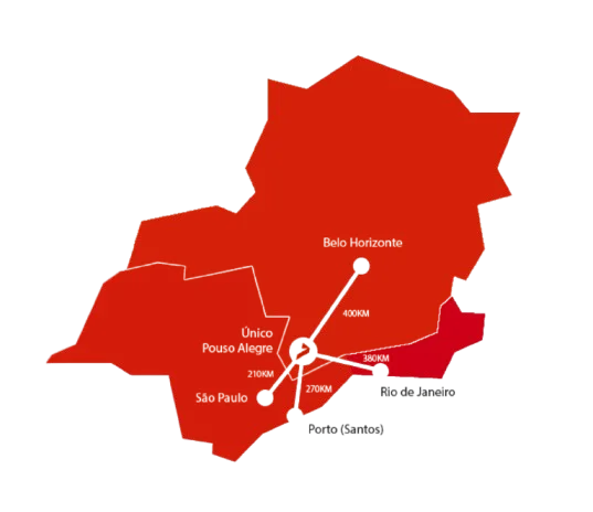 Mapa de transporte partindo da Único Group em Minas Gerais
